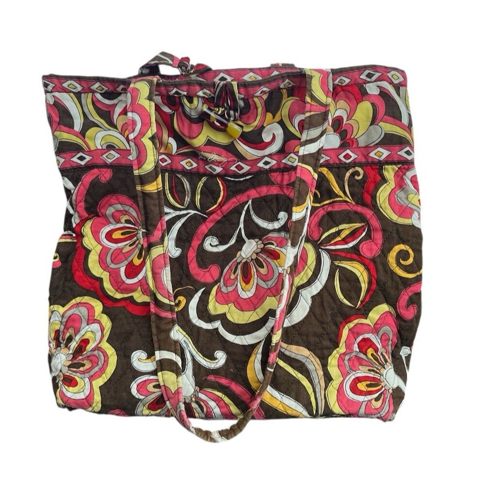 Vera Bradley Retired Puccini Brown Red Pink Flower Shoulder Purse Tote LargeREAD